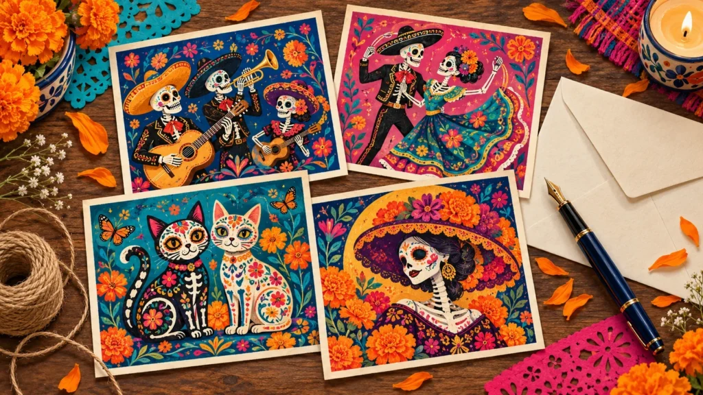 Четыре мексиканские открытки Día de los Muertos рядом с конвертом и перьевой ручкой
