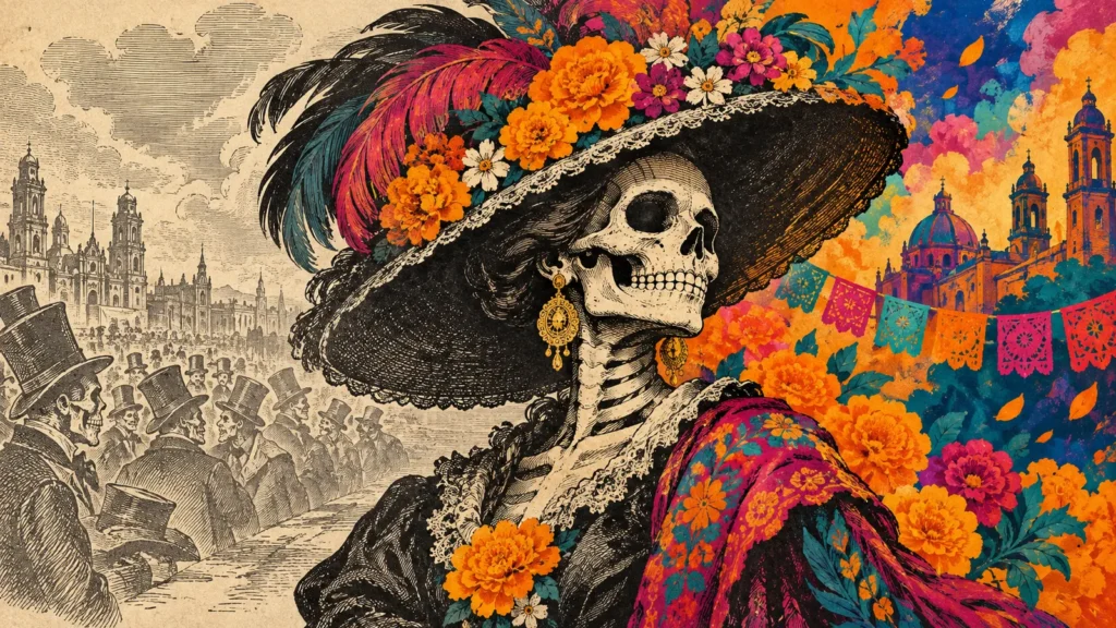 La Catrina на фоне перехода от чёрно-белой гравюры к красочной мексиканской иллюстрации