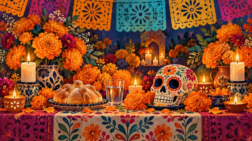Мексиканская офренда с бархатцами, свечами, pan de muerto, водой и декоративной calavera